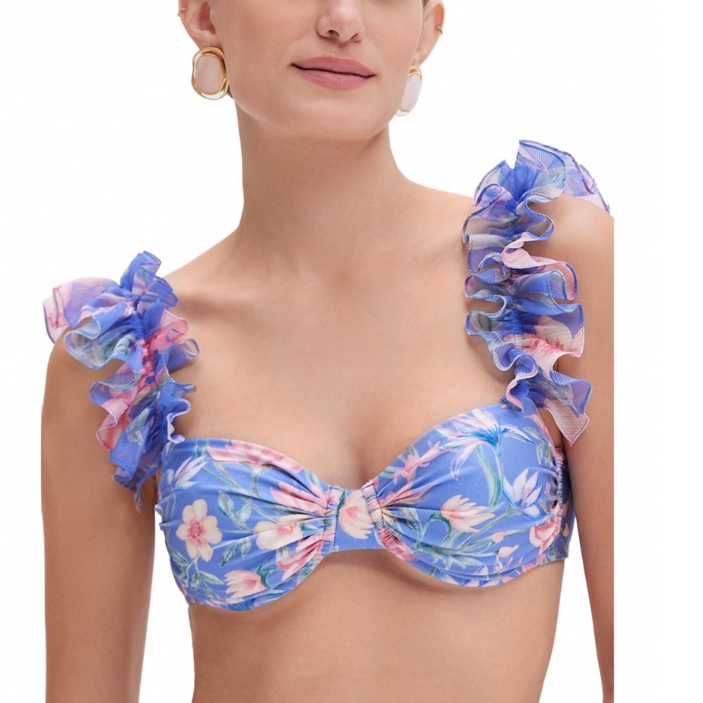 PatBO Amaryllis Flutter Bikini Top Blue Floral Ruffle Underwire Small NEW